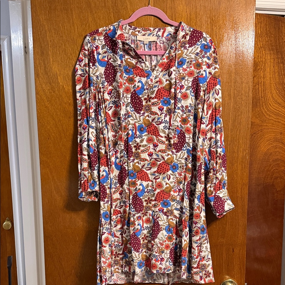 LOFT Cream Floral Tunic with Red & Blue Accents